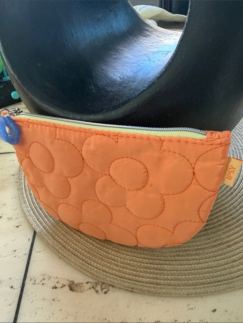 ipsy Orange Quilted Floral Makeup Pouch with Blue Flower Zipper Pull NWOT